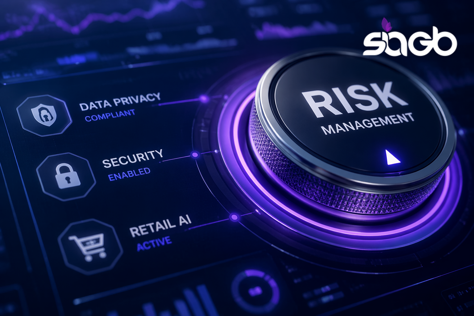 Dial turned to Risk Management beside status indicators showing data privacy compliant, security enabled, and retail AI active