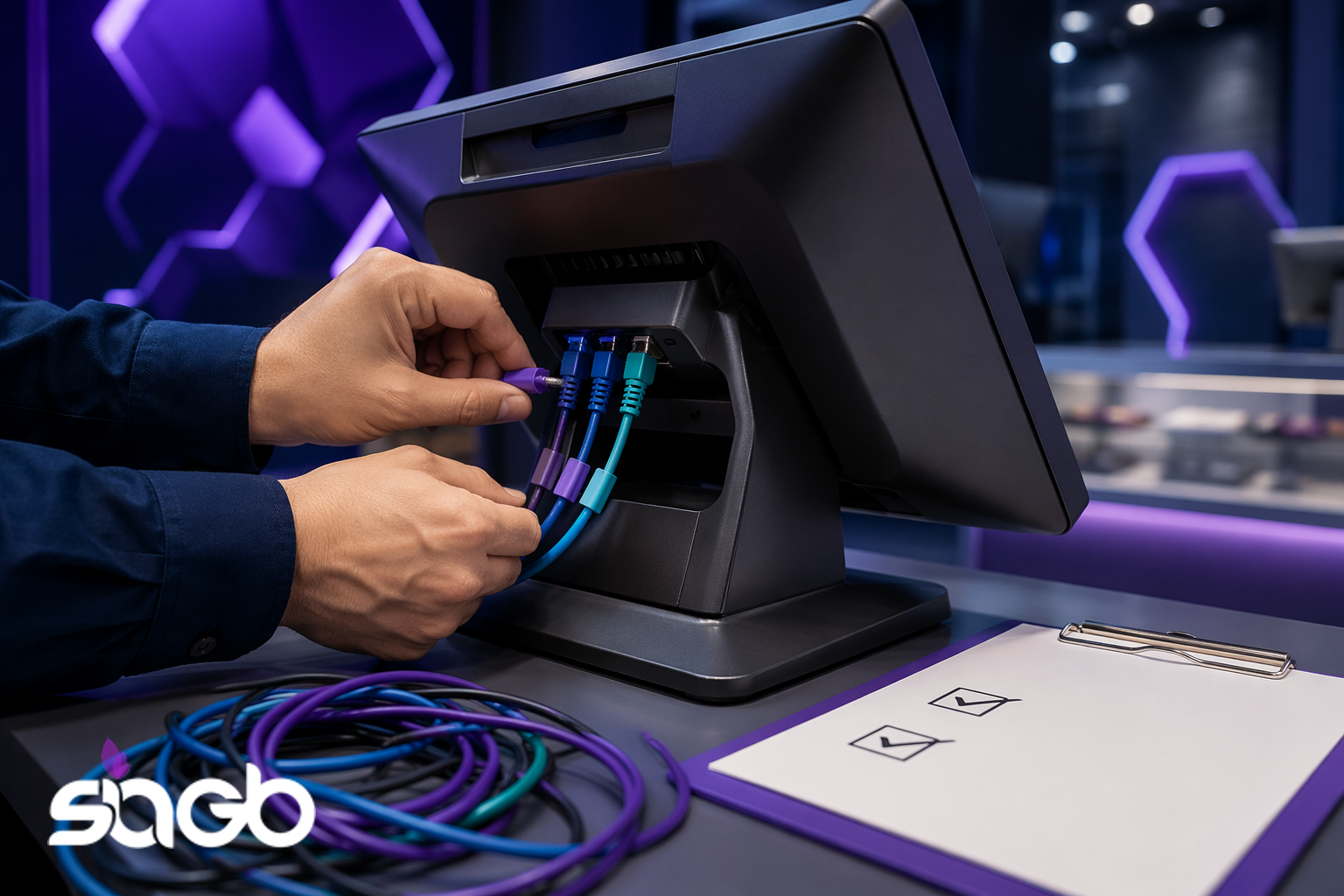 Technician connecting network cables into the back of a retail point-of-sale terminal beside a setup checklist clipboard